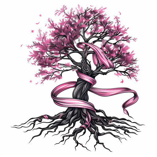 Tree with pink ribbons, tattoo design on white background