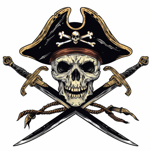Adventurous flat tattoo sketch of a pirate skull with crossed swords, black and gold, clipart style