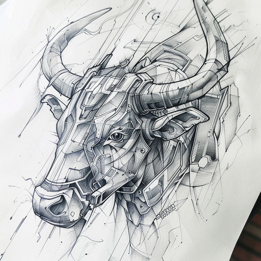Biomechanical bull tattoo concept, merging organic and mechanical elements, showcased on a white canvas.