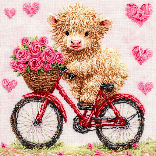 Adorable Highland calf on red bike with basket of roses