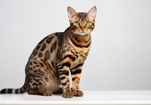 Bengal cat on a white table with dark yellow and light maroon patterns