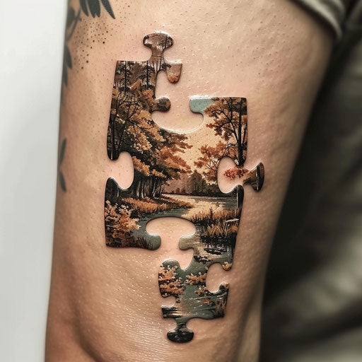 Realistic puzzle piece tattoo featuring detailed nature scene on white background