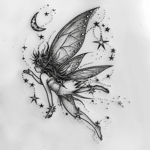 Celestial fairy tattoo design with stars and moons on white