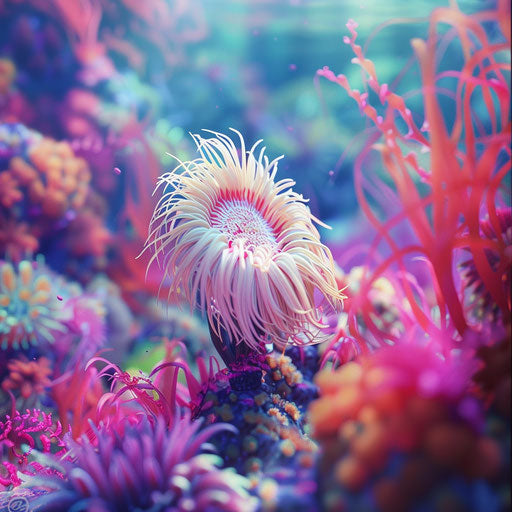Sea anemone among colorful sea plants