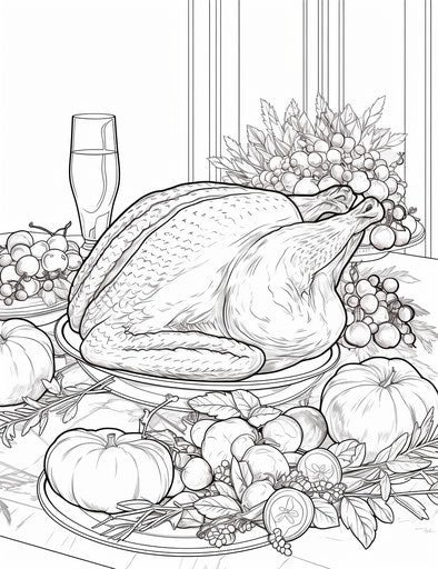 Turkey dinner coloring pages, flat and detailed style