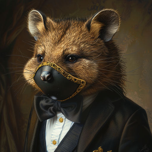 Quokka at masquerade ball, elegant mask and tiny tuxedo