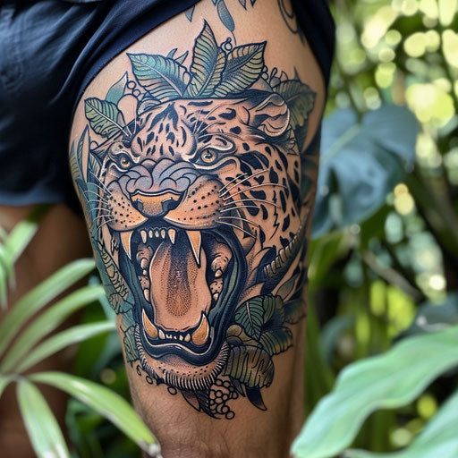 Thigh tattoo with a fierce panther, in the style of Ami James