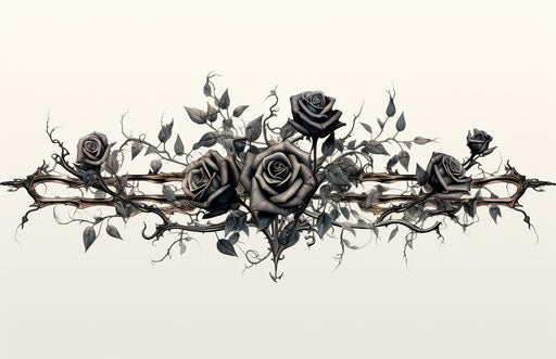 Black roses with thorns in glitchy style, symmetrical arrangement