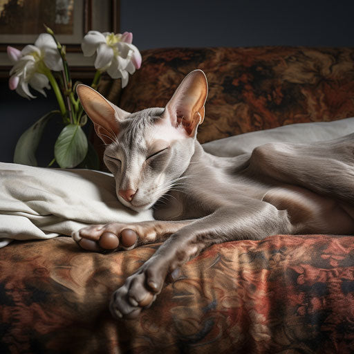 Oriental shorthair cat sleeping on a couch