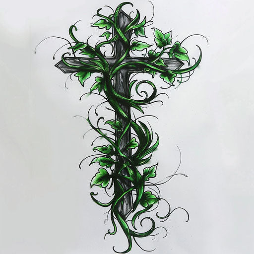 Cross intertwined with vine in green and black ink, tattoo design