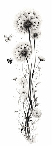 Dandelion tattoo design in black and white, feminine style