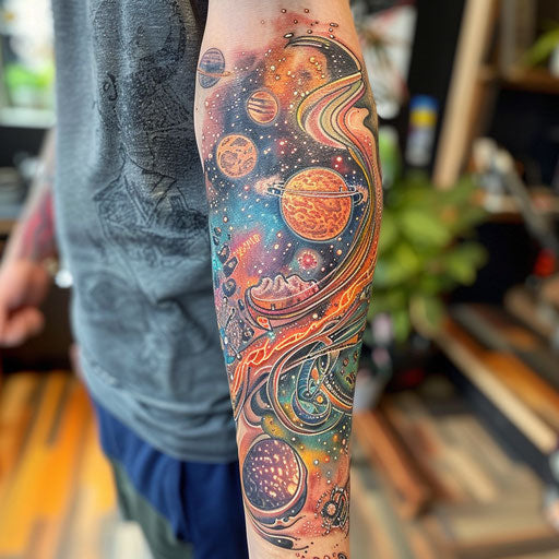 Cosmic scene forearm tattoo