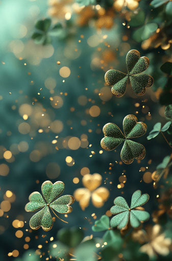 3D green and gold shamrocks on glitter background, St. Patricks Day theme