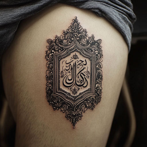 Arabic tattoo with elaborate frame on thigh in artistic style