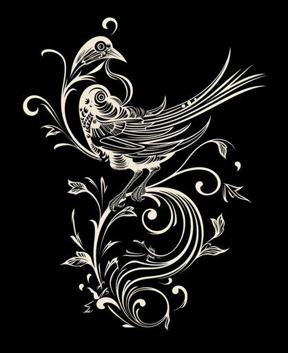 Black and white bird tattoo, vine style, distorted form