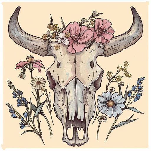 Rustic cow skull tattoo sketch with wildflowers and soft pastel shades