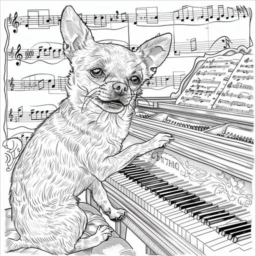A whimsical Chihuahua playing the piano, surrounded by musical notes
