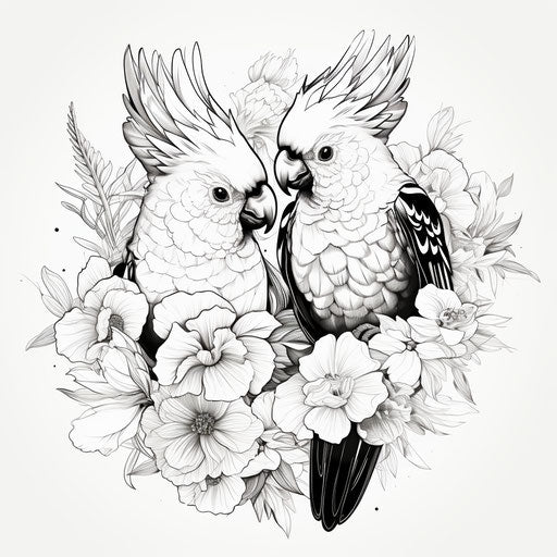 Cockatoo and flowers, mythological symbols, tattoo
