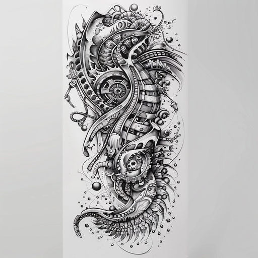 Biomechanical galaxy fusion of organic and mechanical elements with cosmic themes on white canvas