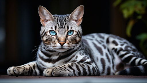 Bengal cat lying on the ground outside