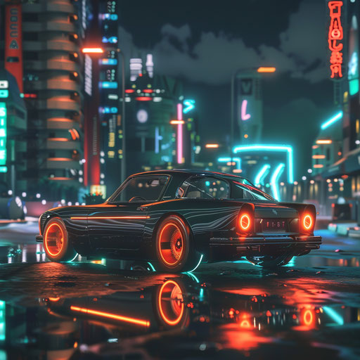 1966 Volvo P1800 with neon lights in futuristic cityscape at night