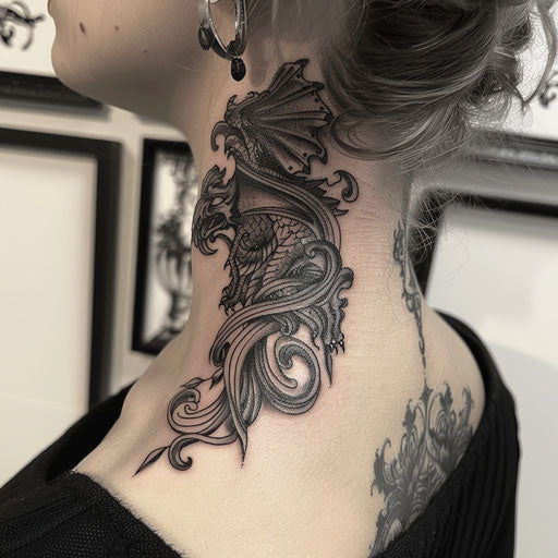 Neck tattoos for women with a dark fantasy, in the style of David Palumbo