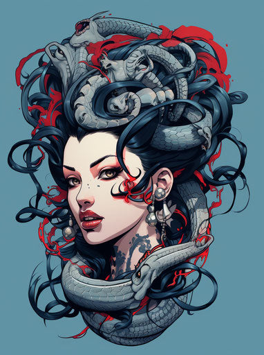 Woman with tattooed snakes, colored cartoon style cybermysticpunk