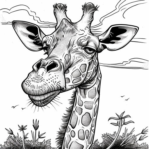 Humorous giraffe with exaggerated features in the style of Andy Marlette Coloring book page