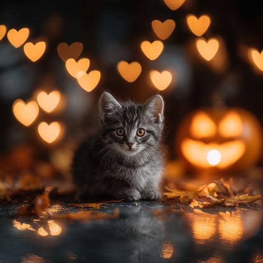A kitten among autumn leaves and glowing lights