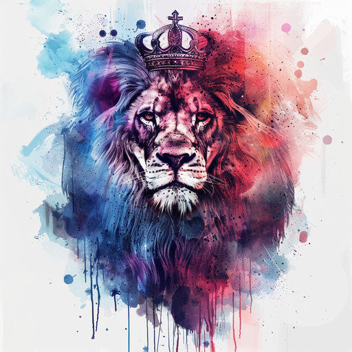 Crowned lion in artistic tattoo style with watercolor