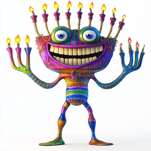 Humorous caricature of a menorah clipart with human characteristics and vibrant colors