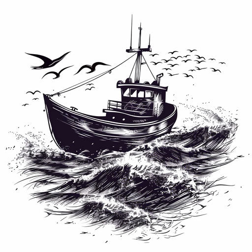 Graphic tattoo illustration of a fishing boat on waves