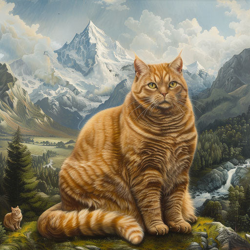 Chubby cat in front of mountain landscape