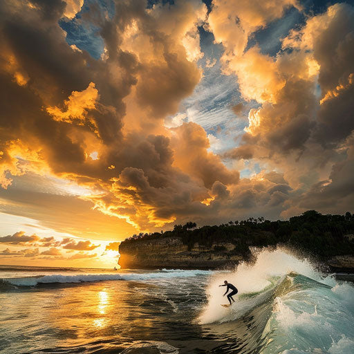 Uluwatu Beach, Indonesia with surfer riding wave under dramatic sky