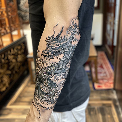 Men's forearm tattoo with a dragon, Ami James style