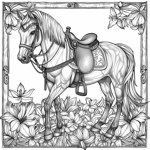 A detailed illustration of a pony wearing a saddle and bridle. Coloring book page