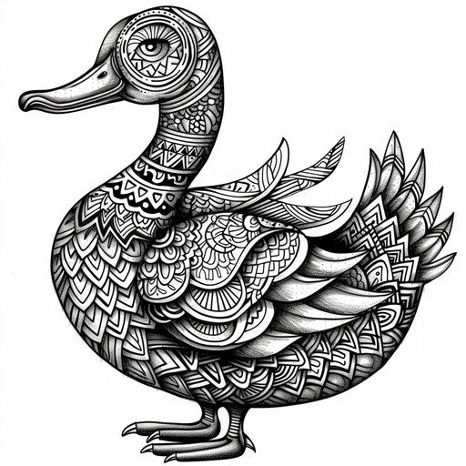 Intricate zentangle duck with complex patterns. Coloring page