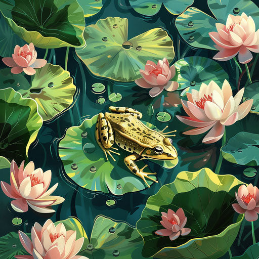A frog's journey across a busy pond, lily pads and lotus flowers guiding its path.