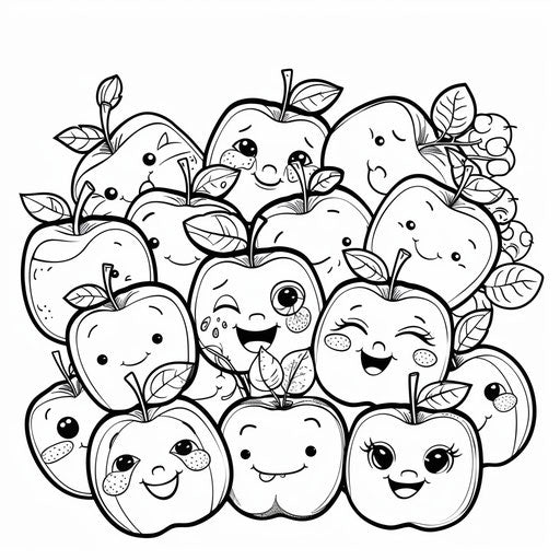 Kawaii apples with smiling faces and accessories