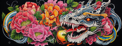 The Japanese dragon with roses, mischievous feline motif