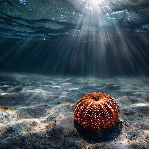 Sea urchin on a sandy bottom with clear water and sunlight above