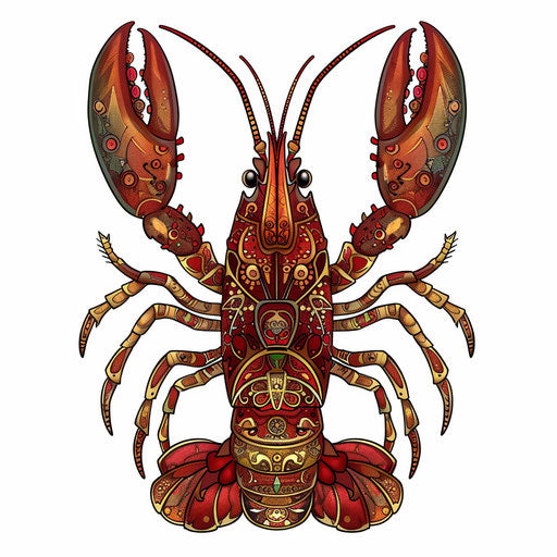 Elegant lobster sketch with filigree patterns, deep reds and golds, clipart style