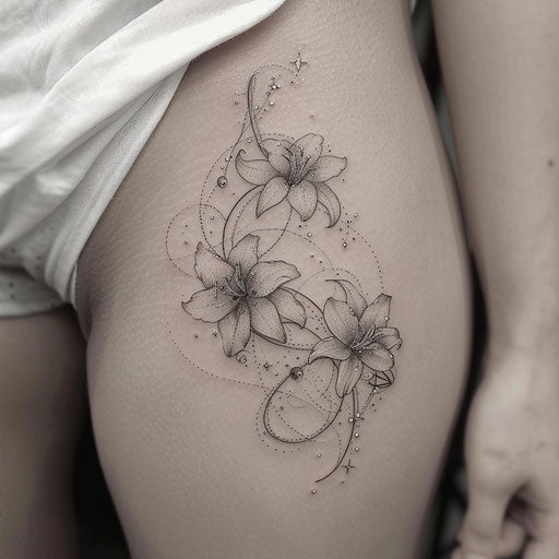 Chic tattoo sketch of Aquarius constellation with delicate lilies