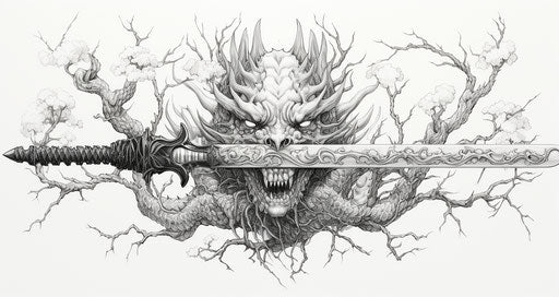 Dragon and sword in black and white on white background