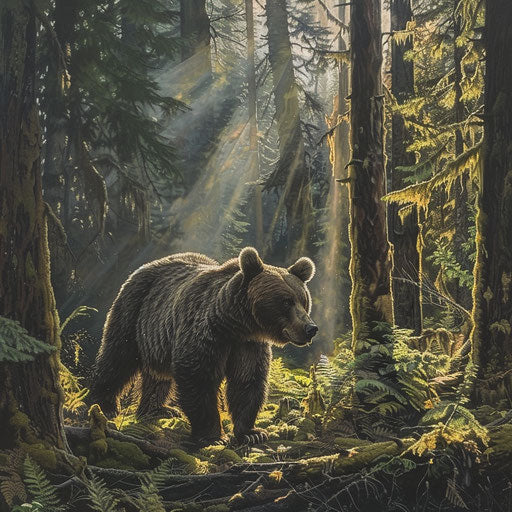 Grizzly bear in a vibrant, untouched forest