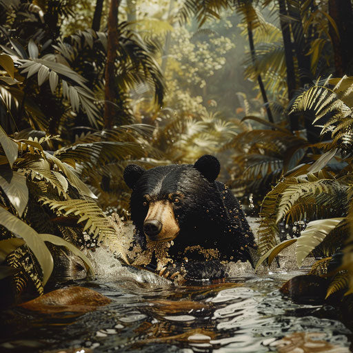 Sun bear splashing in a stream surrounded by ferns
