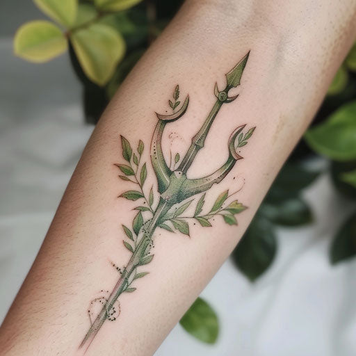 Eco-themed trident tattoo with green leaves on white background