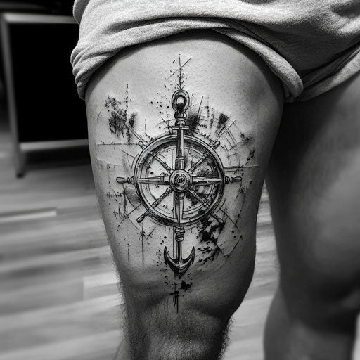 Thigh tattoo with anchor and ship wheel on white background