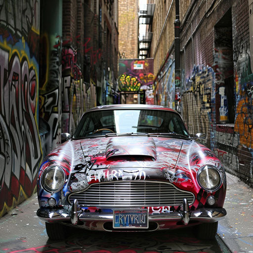 Graffiti art-covered Aston Martin DB6 in an alley