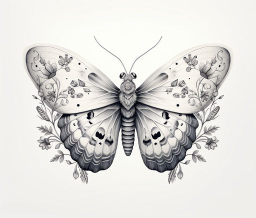 Abstract moth tattoo, matte drawing style, intricate patterns